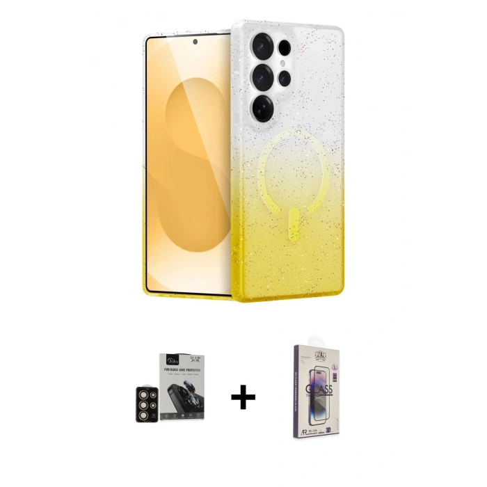 MARSİLYAN™- Galaxy S24 Ultra Kılıf Eksen Minimal Özel Seri - Siyah Bilvis 3D Cam Ekran Koruyucu + PVD Metal Kamera Lens - GD