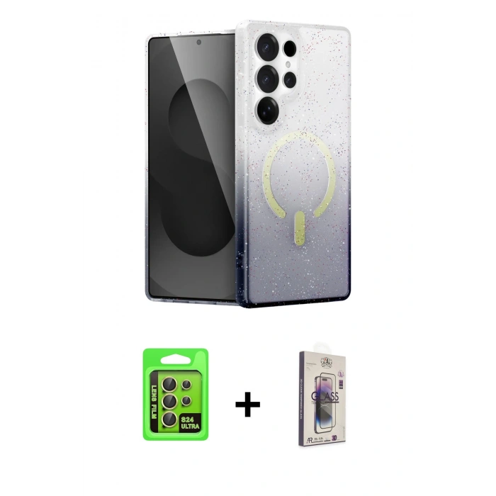 MARSİLYAN™- Galaxy S24 Ultra Kılıf Eksen Minimal Özel Seri - Siyah Bilvis 3D Cam Ekran Koruyucu + Raze Metal Kamera Lens - SI