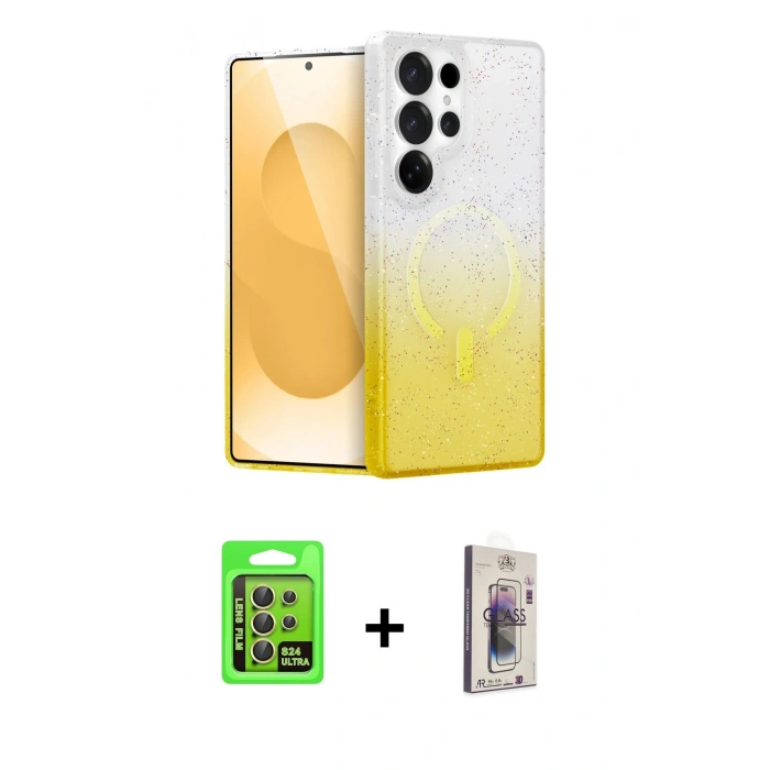MARSİLYAN™- Galaxy S24 Ultra Kılıf Eksen Minimal Özel Seri - Siyah Bilvis 3D Cam Ekran Koruyucu + Raze Metal Kamera Lens - SI