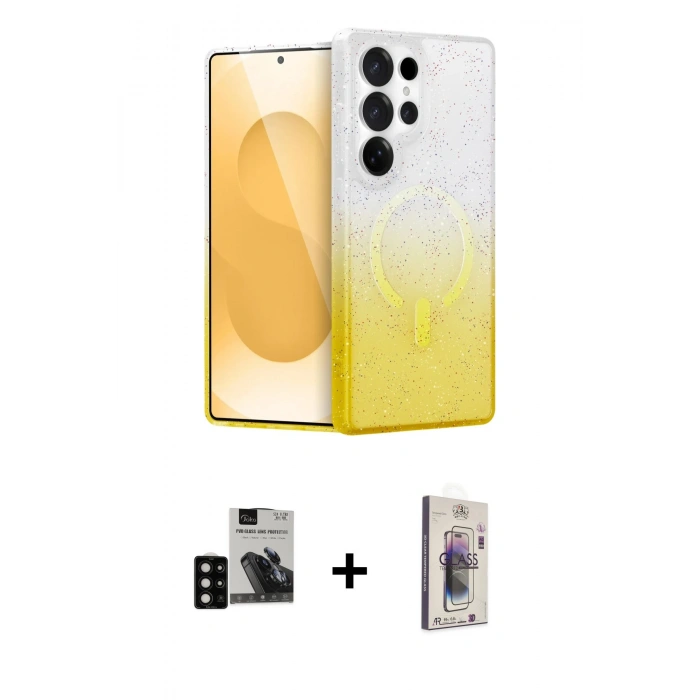 MARSİLYAN™- Galaxy S24 Ultra Kılıf Eksen Minimal Özel Seri - Siyah Bilvis 3D Cam Ekran Koruyucu + PVD Metal Kamera Lens - SH