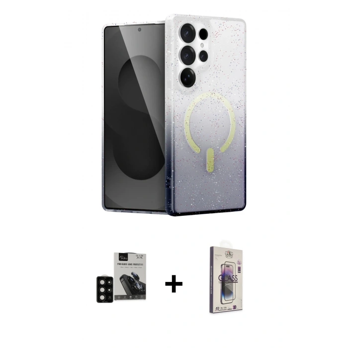 MARSİLYAN™- Galaxy S24 Ultra Kılıf Eksen Minimal Özel Seri - Siyah Bilvis 3D Cam Ekran Koruyucu + PVD Metal Kamera Lens - SH