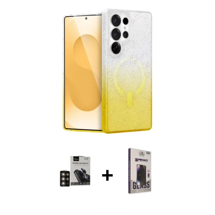 MARSİLYAN™- Galaxy S24 Ultra Kılıf Eksen Minimal Özel Seri - Siyah Bilvis Hayalet Cam Ekran Koruyucu + PVD Metal Kamera Lens - GD