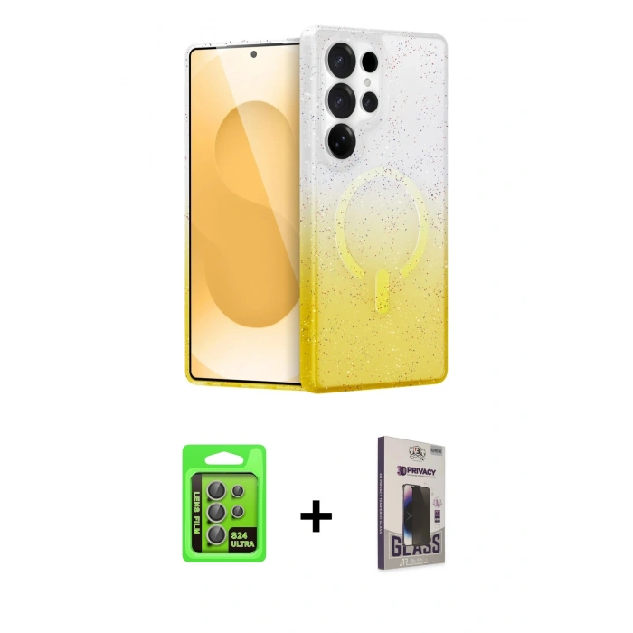 MARSİLYAN™- Galaxy S24 Ultra Kılıf Eksen Minimal Özel Seri - Siyah Bilvis Hayalet Cam Ekran Koruyucu + Raze Metal Kamera Lens - GI