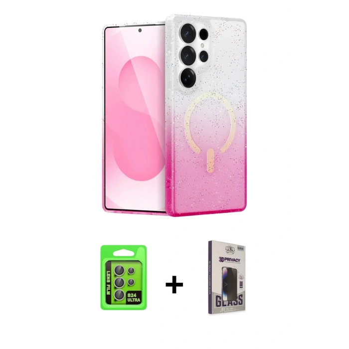 MARSİLYAN™- Galaxy S24 Ultra Kılıf Eksen Minimal Özel Seri - Siyah Bilvis Hayalet Cam Ekran Koruyucu + Raze Metal Kamera Lens - GI