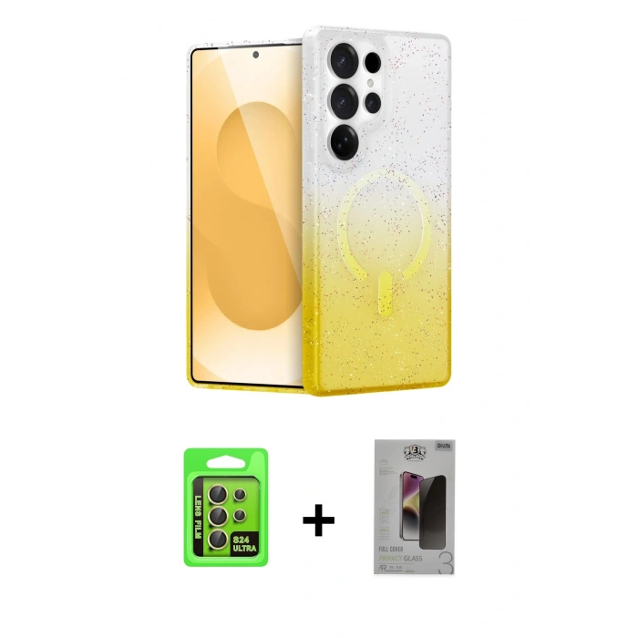 MARSİLYAN™- Galaxy S24 Ultra Kılıf Eksen Minimal Özel Seri - Siyah Bilvis Hayalet Cam Ekran Koruyucu + Raze Metal Kamera Lens - SI