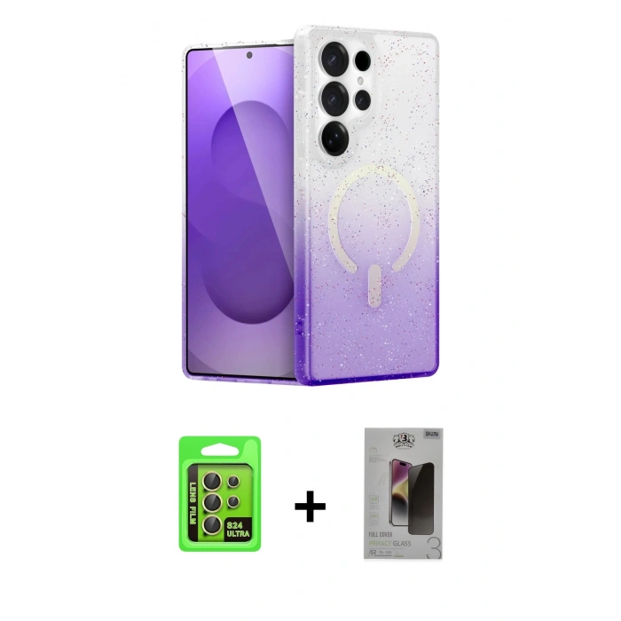 MARSİLYAN™- Galaxy S24 Ultra Kılıf Eksen Minimal Özel Seri - Siyah Bilvis Hayalet Cam Ekran Koruyucu + Raze Metal Kamera Lens - SI