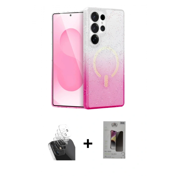 MARSİLYAN™- Galaxy S24 Ultra Kılıf Eksen Minimal Özel Seri - Siyah Bilvis Hayalet Cam Ekran Koruyucu + Kamera Lens Koruma Cam - SF