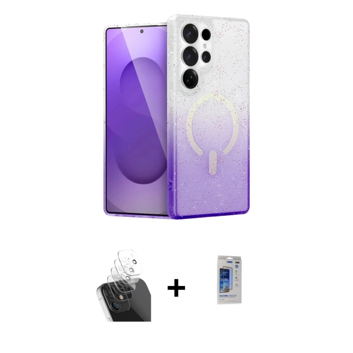 MARSİLYAN™- Galaxy S24 Ultra Kılıf Eksen Minimal Özel Seri - Siyah Durable Full Glue Curved Hayalet Cam + Kamera Lens Koruma Cam - SF