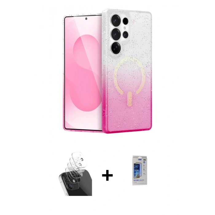 MARSİLYAN™- Galaxy S24 Ultra Kılıf Eksen Minimal Özel Seri - Siyah Durable Full Glue Curved Hayalet Cam + Kamera Lens Koruma Cam - SF