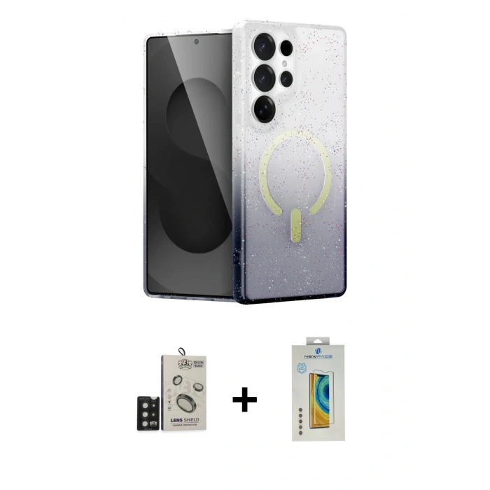 MARSİLYAN™- Galaxy S24 Ultra Kılıf Eksen Minimal Özel Seri - Siyah Polymer Nano Ekran Koruyucu + Bilvis Titan Kamera Lens - SH