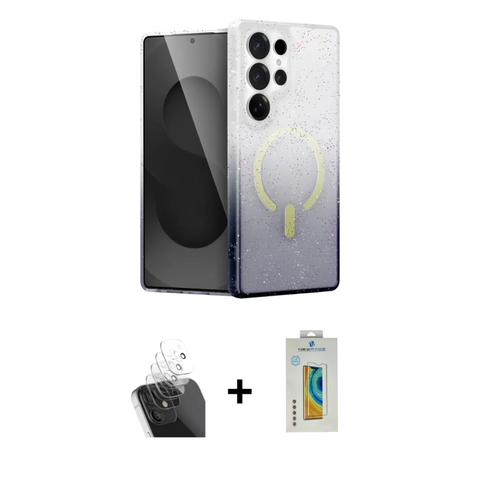 MARSİLYAN™- Galaxy S24 Ultra Kılıf Eksen Minimal Özel Seri - Siyah Polymer Nano Ekran Koruyucu + Kamera Lens Koruma Cam - SF