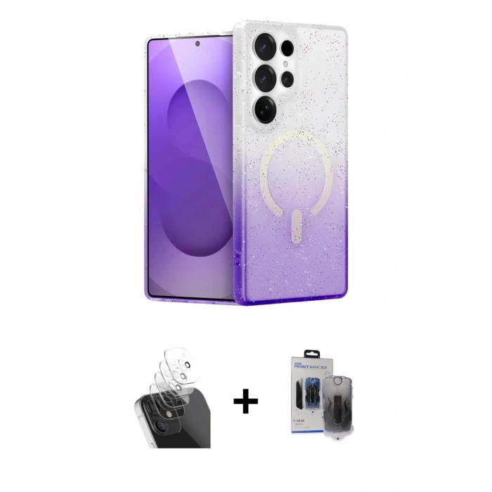 MARSİLYAN™- Galaxy S24 Ultra Kılıf Eksen Minimal Özel Seri - Siyah Vanessa Magic Hayalet Cam + Kamera Lens Koruma Cam - SF