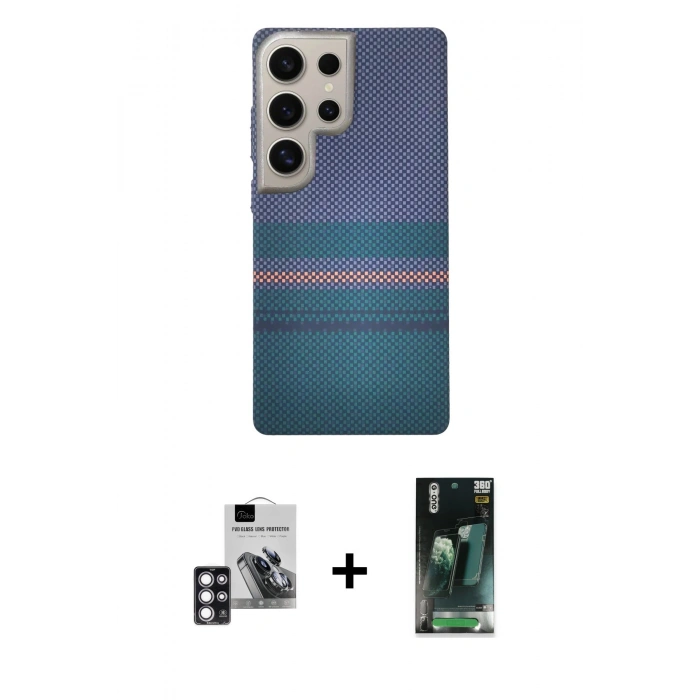 MARSİLYAN™- Galaxy S24 Ultra Kılıf Eksen Prime - Şeffaf 360 Full Body Arka Koruyucu + PVD Metal Kamera Lens - PE