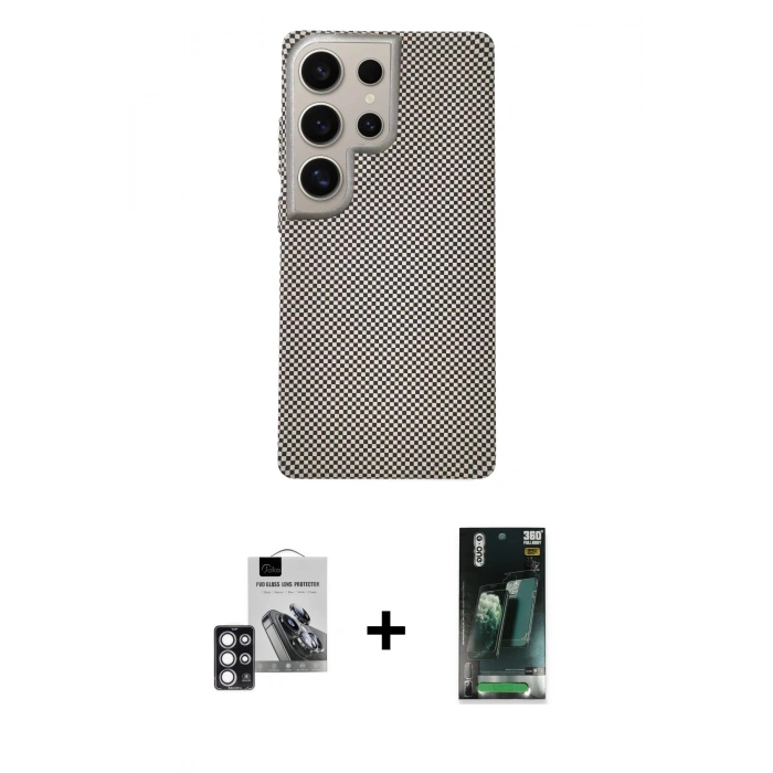 MARSİLYAN™- Galaxy S24 Ultra Kılıf Eksen Prime - Şeffaf 360 Full Body Arka Koruyucu + PVD Metal Kamera Lens - PE