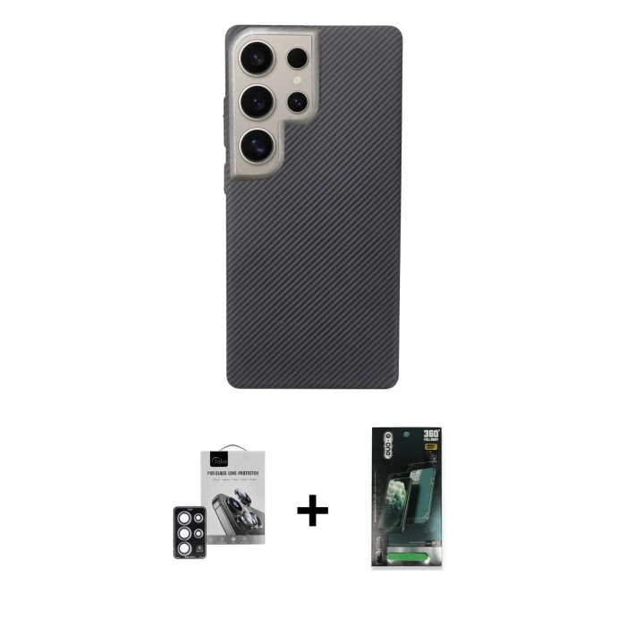 MARSİLYAN™- Galaxy S24 Ultra Kılıf Eksen Prime - Şeffaf 360 Full Body Arka Koruyucu + PVD Metal Kamera Lens - PE
