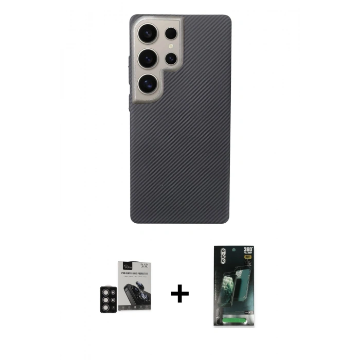 MARSİLYAN™- Galaxy S24 Ultra Kılıf Eksen Prime - Siyah 360 Mat Full Body Arka Koruyucu + PVD Metal Kamera Lens - DNMR