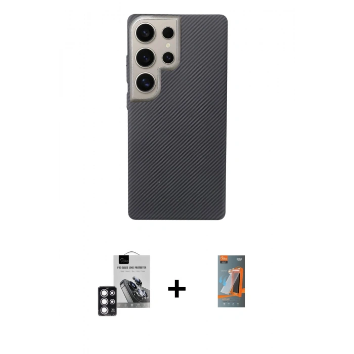 MARSİLYAN™- Galaxy S24 Ultra Kılıf Eksen Prime - Siyah AutoKit 5in1 Fiber Hayalet Polymer Nano Ekran Koruyucu + PVD Metal Kamera Lens - PE