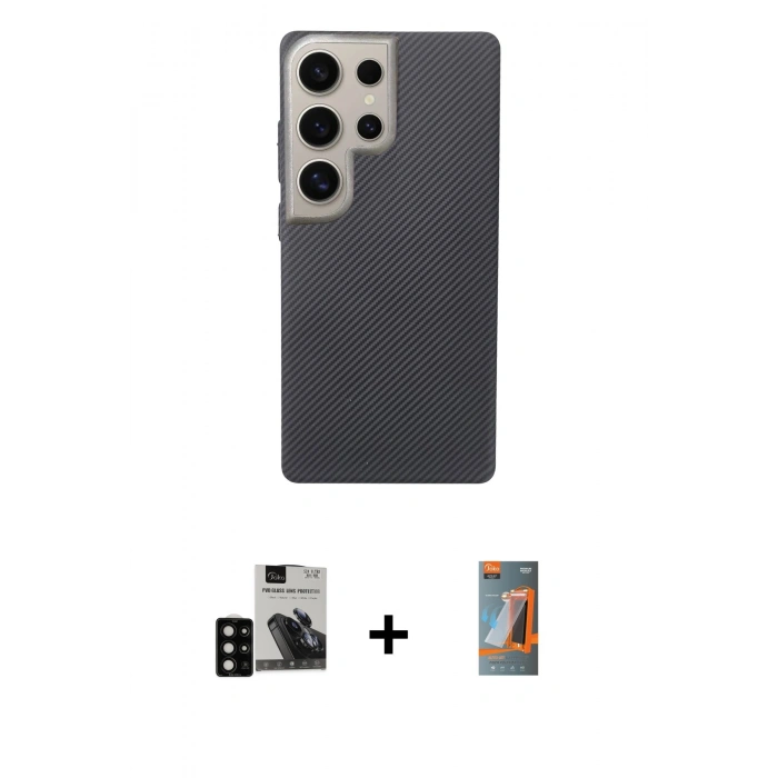MARSİLYAN™- Galaxy S24 Ultra Kılıf Eksen Prime - Siyah AutoKit 5in1 Fiber Hayalet Polymer Nano Ekran Koruyucu + PVD Metal Kamera Lens - SH