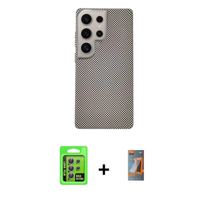 MARSİLYAN™- Galaxy S24 Ultra Kılıf Eksen Prime - Siyah AutoKit 5in1 Fiber Hayalet Polymer Nano Ekran Koruyucu + Raze Metal Kamera Lens - GS