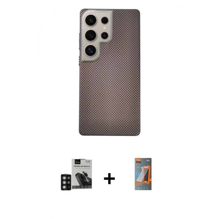 MARSİLYAN™- Galaxy S24 Ultra Kılıf Eksen Prime - Siyah AutoKit 5in1 Fiber Hayalet Polymer Nano Ekran Koruyucu + PVD Metal Kamera Lens - DNMR