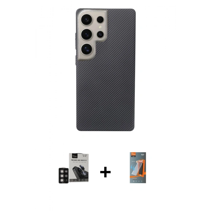 MARSİLYAN™- Galaxy S24 Ultra Kılıf Eksen Prime - Siyah AutoKit 5in1 Fiber Hayalet Polymer Nano Ekran Koruyucu + PVD Metal Kamera Lens - DNMR