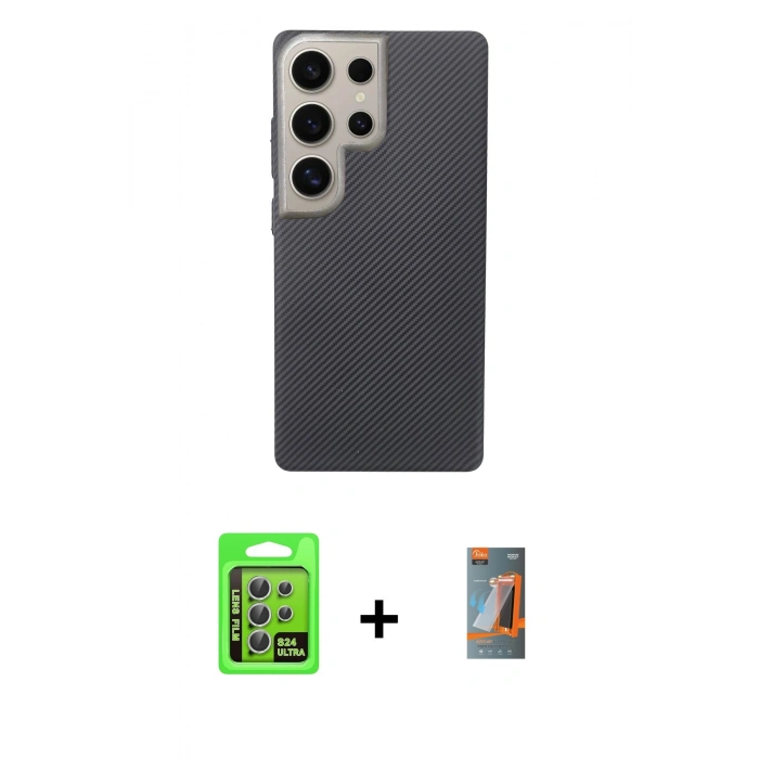 MARSİLYAN™- Galaxy S24 Ultra Kılıf Eksen Prime - Siyah AutoKit 5in1 Fiber Hayalet Polymer Nano Ekran Koruyucu + Raze Metal Kamera Lens - GS