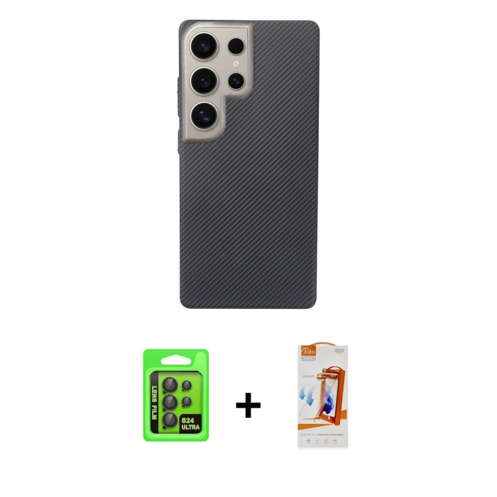 MARSİLYAN™- Galaxy S24 Ultra Kılıf Eksen Prime - Siyah AutoKit 5in1 Fiber Polymer Nano Ekran Koruyucu + Raze Metal Kamera Lens - SH