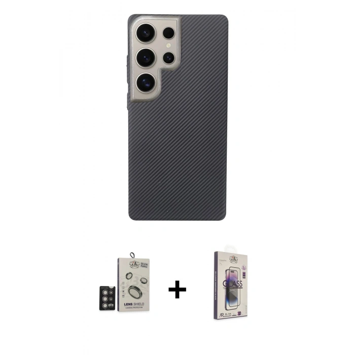 MARSİLYAN™- Galaxy S24 Ultra Kılıf Eksen Prime - Siyah Bilvis 3D Cam Ekran Koruyucu + Bilvis Titan Kamera Lens - DNMR