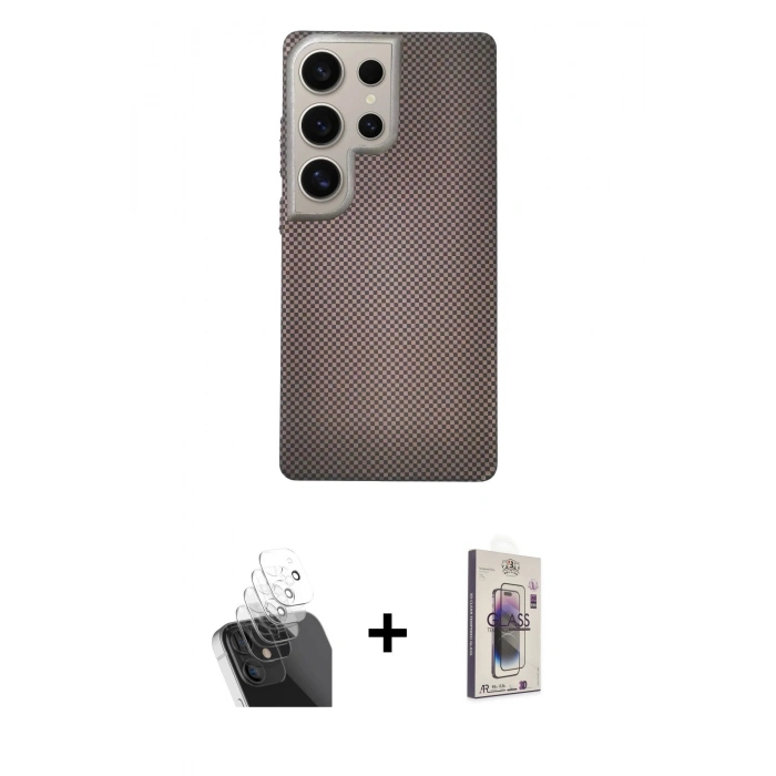 MARSİLYAN™- Galaxy S24 Ultra Kılıf Eksen Prime - Siyah Bilvis 3D Cam Ekran Koruyucu + Kamera Lens Koruma Cam - SF