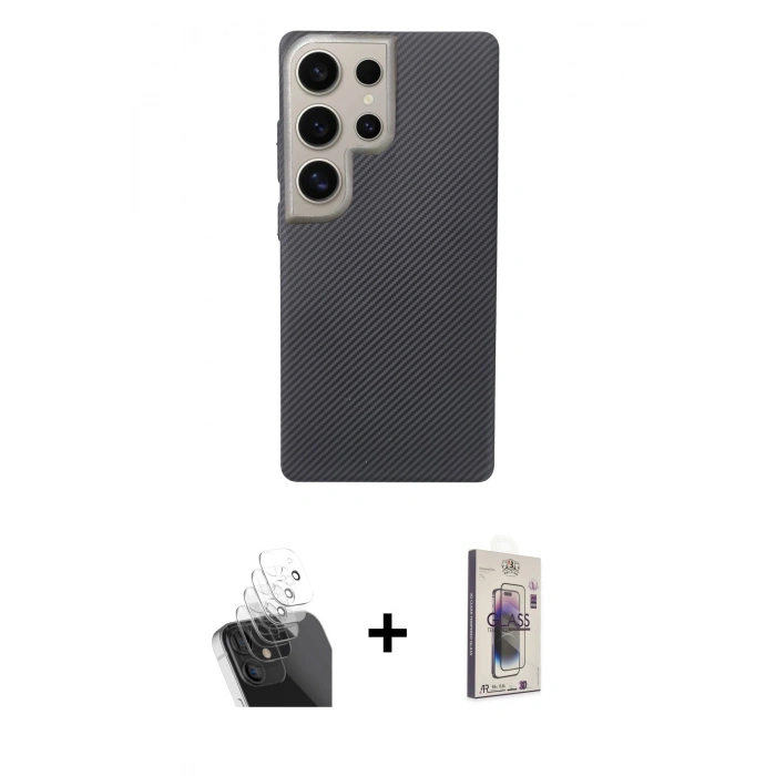MARSİLYAN™- Galaxy S24 Ultra Kılıf Eksen Prime - Siyah Bilvis 3D Cam Ekran Koruyucu + Kamera Lens Koruma Cam - SF