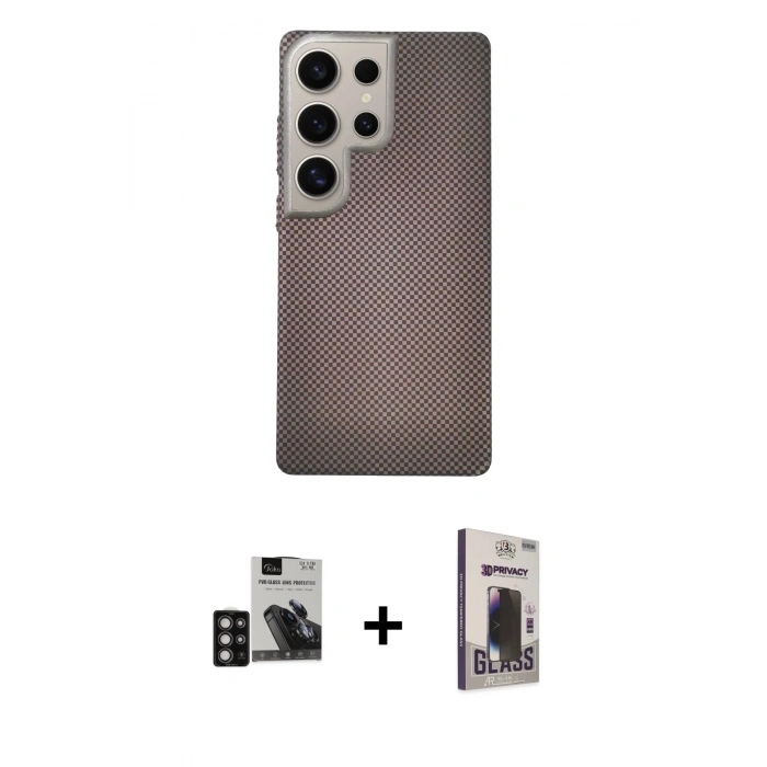 MARSİLYAN™- Galaxy S24 Ultra Kılıf Eksen Prime - Siyah Bilvis Hayalet Cam Ekran Koruyucu + PVD Metal Kamera Lens - DNMR