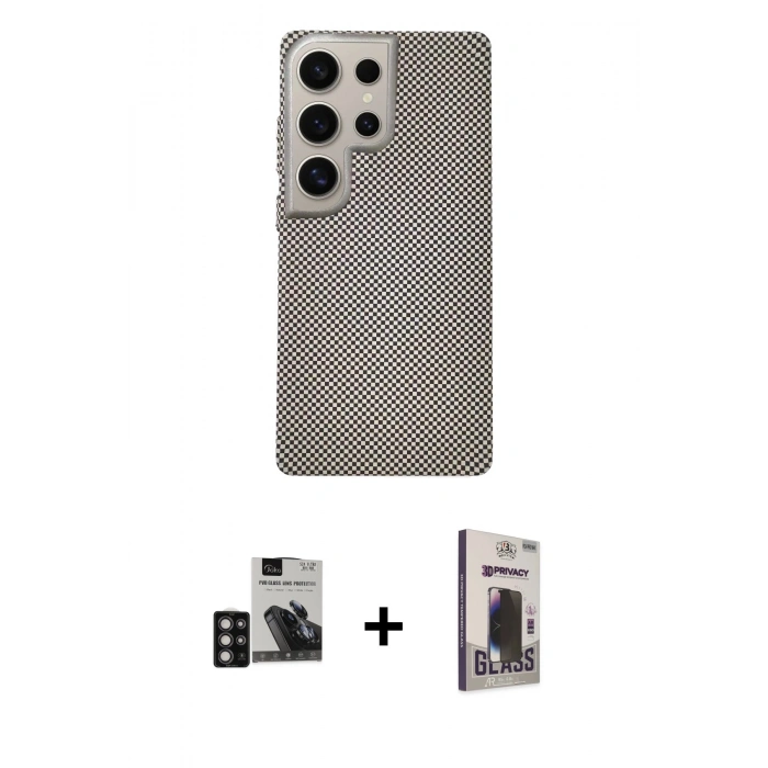 MARSİLYAN™- Galaxy S24 Ultra Kılıf Eksen Prime - Siyah Bilvis Hayalet Cam Ekran Koruyucu + PVD Metal Kamera Lens - DNMR