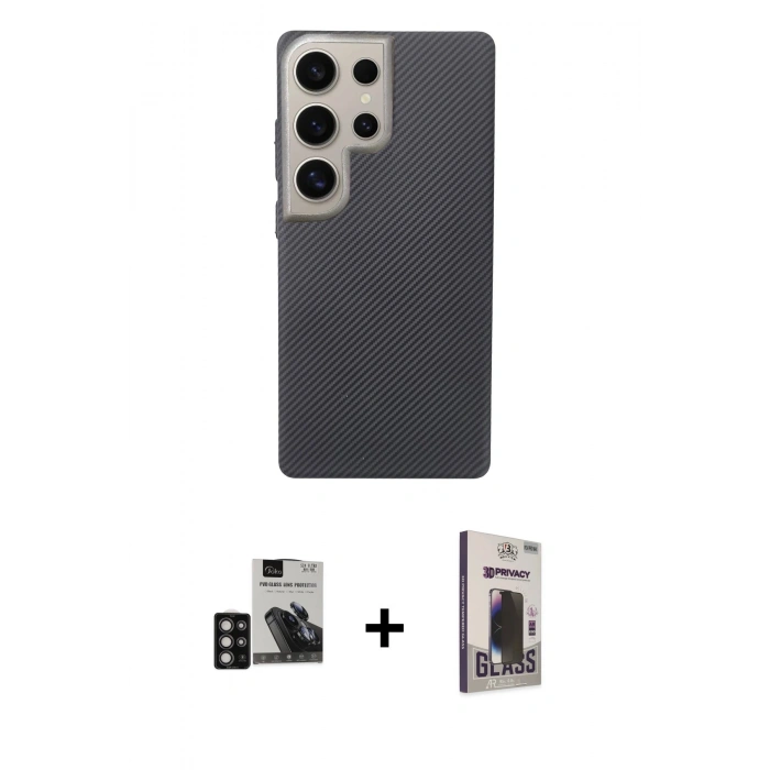 MARSİLYAN™- Galaxy S24 Ultra Kılıf Eksen Prime - Siyah Bilvis Hayalet Cam Ekran Koruyucu + PVD Metal Kamera Lens - DNMR