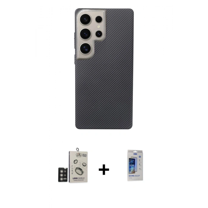MARSİLYAN™- Galaxy S24 Ultra Kılıf Eksen Prime - Siyah Durable Full Glue Curved Cam + Derin Mor Bilvis Titan Kamera Lens