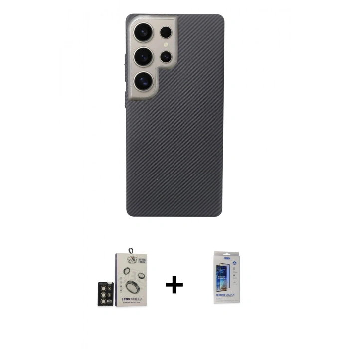 MARSİLYAN™- Galaxy S24 Ultra Kılıf Eksen Prime - Siyah Durable Full Glue Curved Cam + Bilvis Titan Kamera Lens - GD
