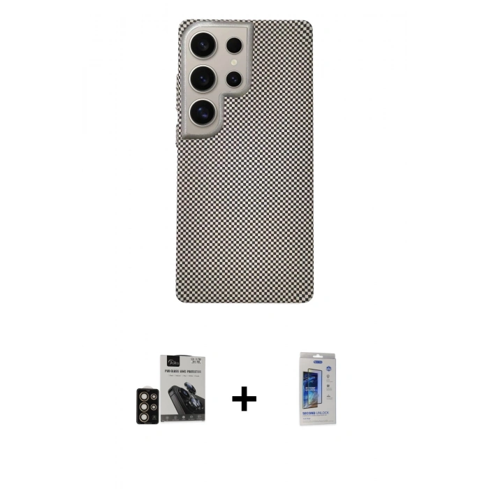 MARSİLYAN™- Galaxy S24 Ultra Kılıf Eksen Prime - Siyah Durable Full Glue Curved Cam + PVD Metal Kamera Lens - GD