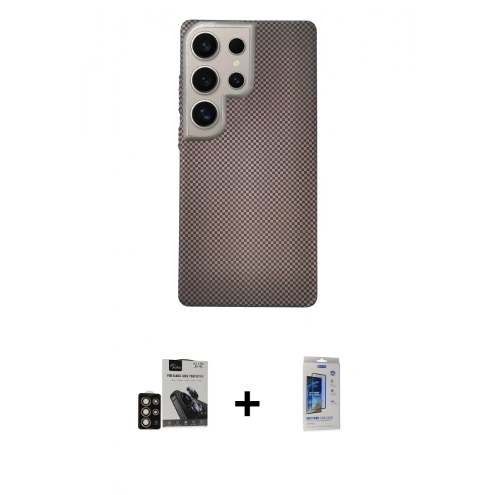 MARSİLYAN™- Galaxy S24 Ultra Kılıf Eksen Prime - Siyah Durable Full Glue Curved Cam + PVD Metal Kamera Lens - GD