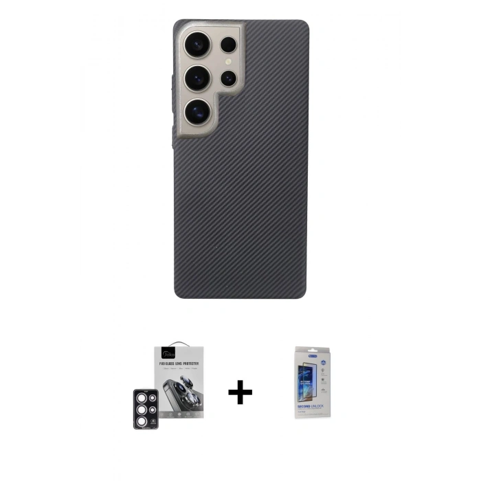 MARSİLYAN™- Galaxy S24 Ultra Kılıf Eksen Prime - Siyah Durable Full Glue Curved Cam + PVD Metal Kamera Lens - PE