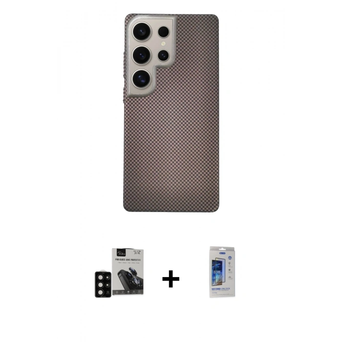 MARSİLYAN™- Galaxy S24 Ultra Kılıf Eksen Prime - Siyah Durable Full Glue Curved Cam + PVD Metal Kamera Lens - SH