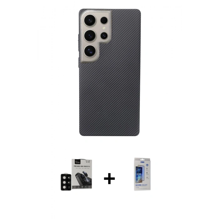 MARSİLYAN™- Galaxy S24 Ultra Kılıf Eksen Prime - Siyah Durable Full Glue Curved Cam + PVD Metal Kamera Lens - SH