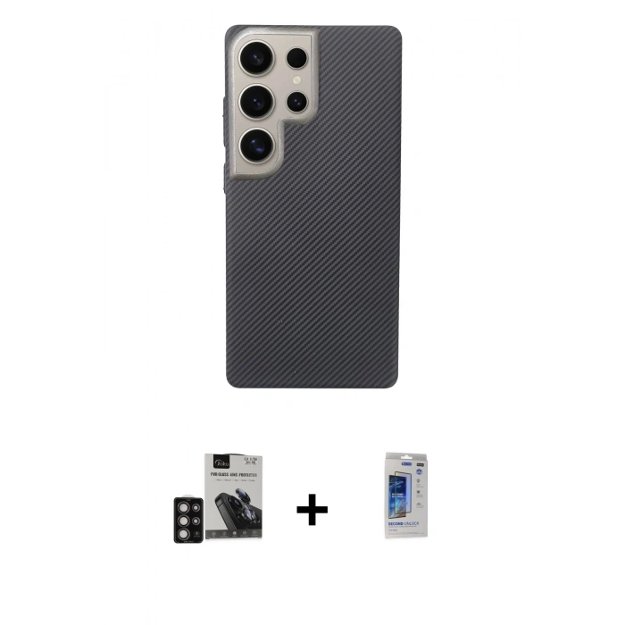 MARSİLYAN™- Galaxy S24 Ultra Kılıf Eksen Prime - Siyah Durable Full Glue Curved Hayalet Cam + PVD Metal Kamera Lens - DNMR
