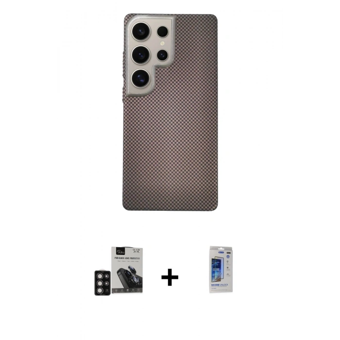 MARSİLYAN™- Galaxy S24 Ultra Kılıf Eksen Prime - Siyah Durable Full Glue Curved Hayalet Cam + PVD Metal Kamera Lens - DNMR