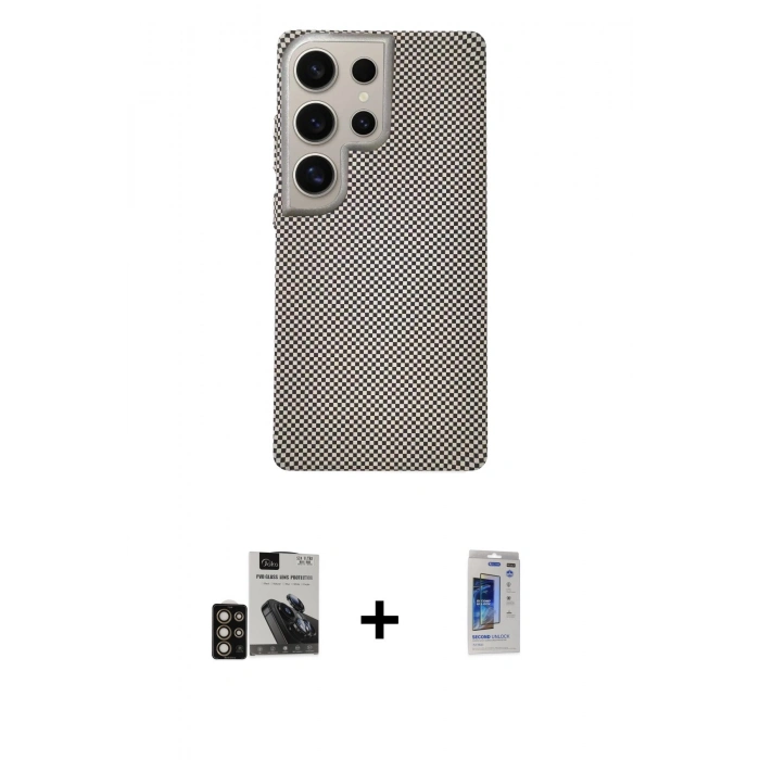 MARSİLYAN™- Galaxy S24 Ultra Kılıf Eksen Prime - Siyah Durable Full Glue Curved Hayalet Cam + PVD Metal Kamera Lens - GD