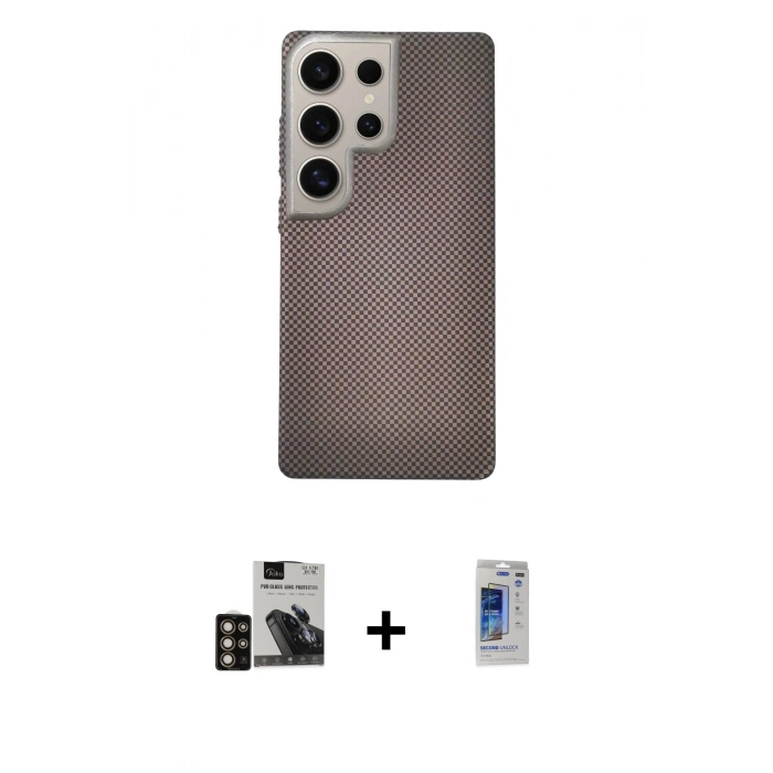 MARSİLYAN™- Galaxy S24 Ultra Kılıf Eksen Prime - Siyah Durable Full Glue Curved Hayalet Cam + PVD Metal Kamera Lens - GD