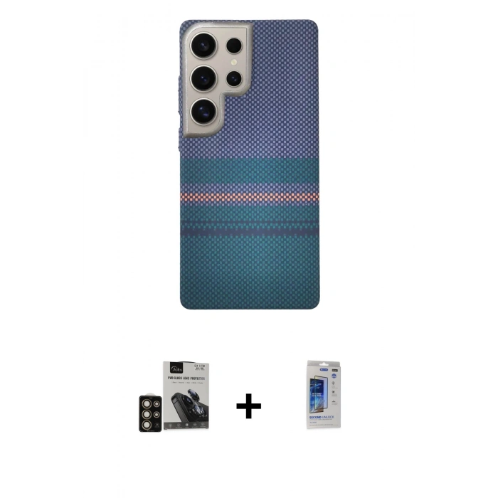 MARSİLYAN™- Galaxy S24 Ultra Kılıf Eksen Prime - Siyah Durable Full Glue Curved Hayalet Cam + PVD Metal Kamera Lens - GD