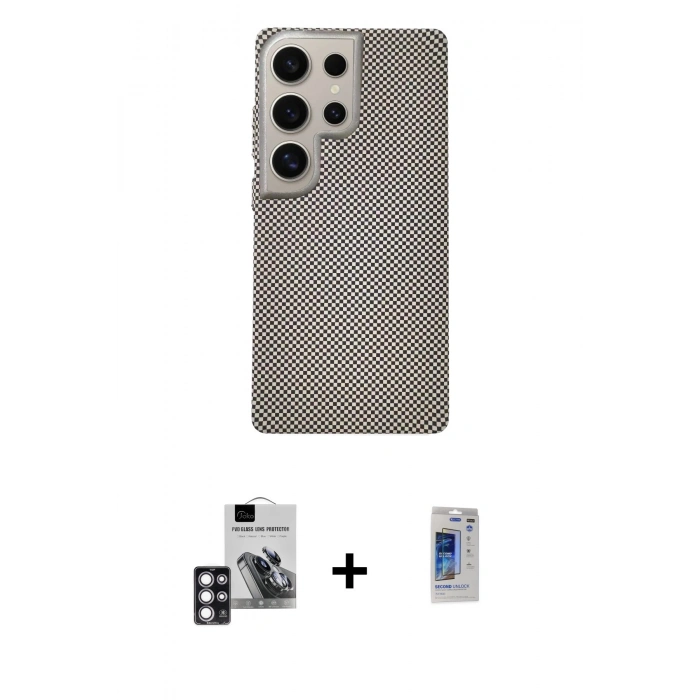 MARSİLYAN™- Galaxy S24 Ultra Kılıf Eksen Prime - Siyah Durable Full Glue Curved Hayalet Cam + PVD Metal Kamera Lens - PE