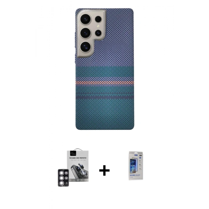 MARSİLYAN™- Galaxy S24 Ultra Kılıf Eksen Prime - Siyah Durable Full Glue Curved Hayalet Cam + PVD Metal Kamera Lens - PE