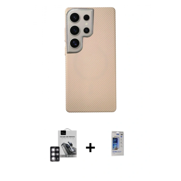 MARSİLYAN™- Galaxy S24 Ultra Kılıf Eksen Prime - Siyah Durable Full Glue Curved Hayalet Cam + PVD Metal Kamera Lens - PE