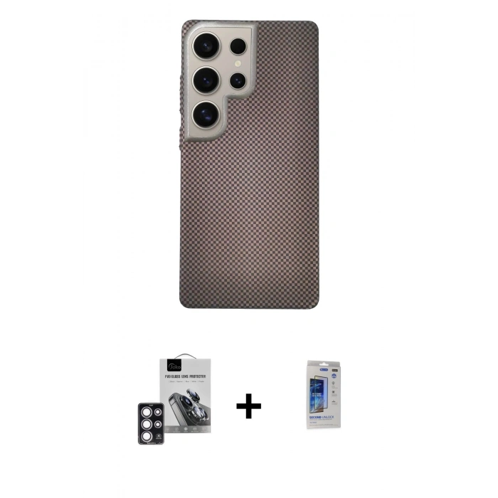 MARSİLYAN™- Galaxy S24 Ultra Kılıf Eksen Prime - Siyah Durable Full Glue Curved Hayalet Cam + PVD Metal Kamera Lens - PE