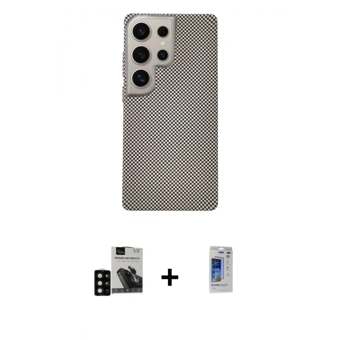 MARSİLYAN™- Galaxy S24 Ultra Kılıf Eksen Prime - Siyah Durable Full Glue Curved Hayalet Cam + PVD Metal Kamera Lens - SH